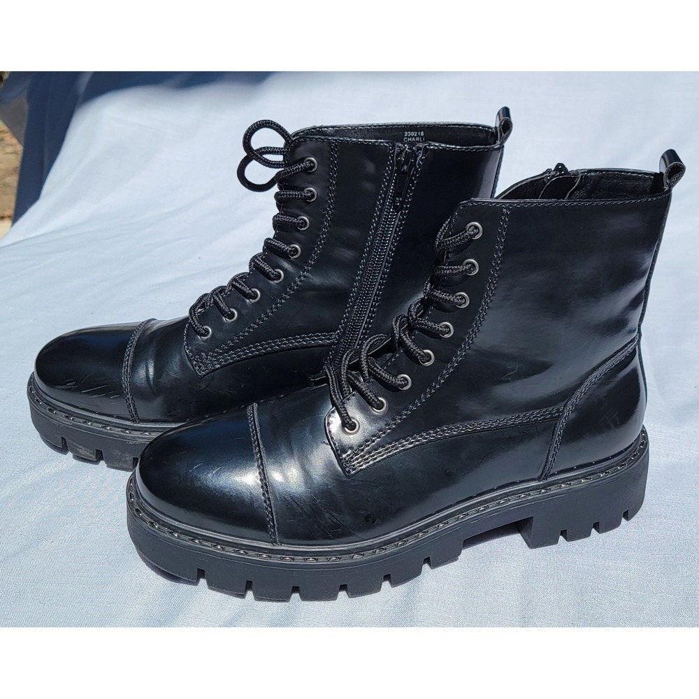 Xappeal Charli Black Combat Boots Lace Up Side Zip Plaid Lined Lug Sole 8.5